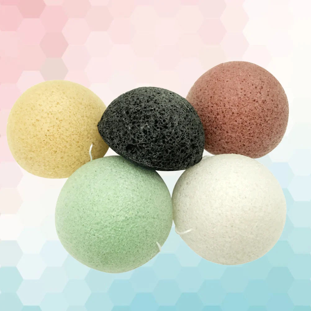 5PCS Konjac Sponge Facial Cleansing Sponges Great for Oily Prone Skin （Black + Green + Yellow + Cream )