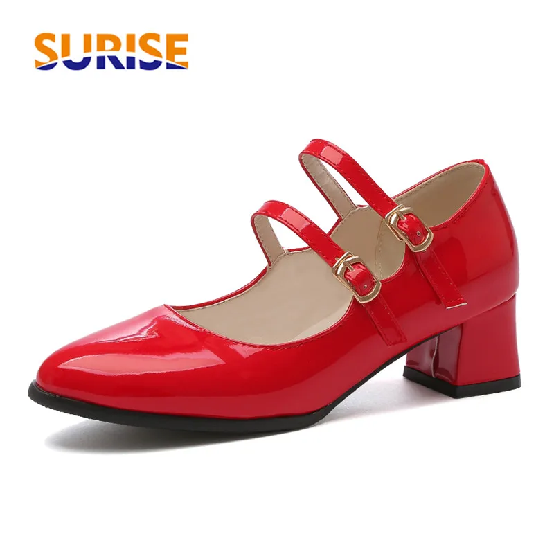 

Plus Size Spring Women Pumps Red Patent Leather Medium Square Heels Round Toe Casual Office Ladies Sweet Double Strap Mary Janes