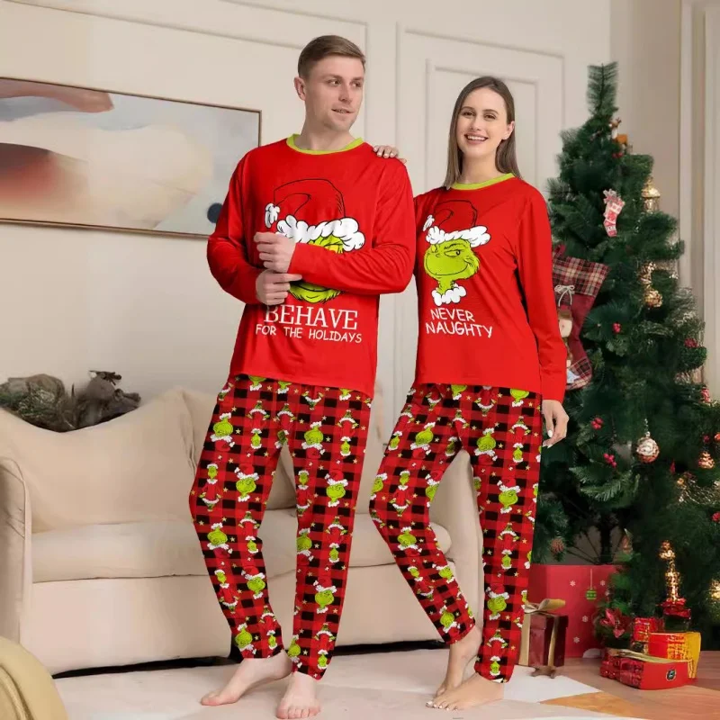 Noel aile eşleştirme pijama Set küçük canavar baskı ebeveyn-çocuk kıyafetleri üst + çizgili pantolon Xmas pijama bebek tulum