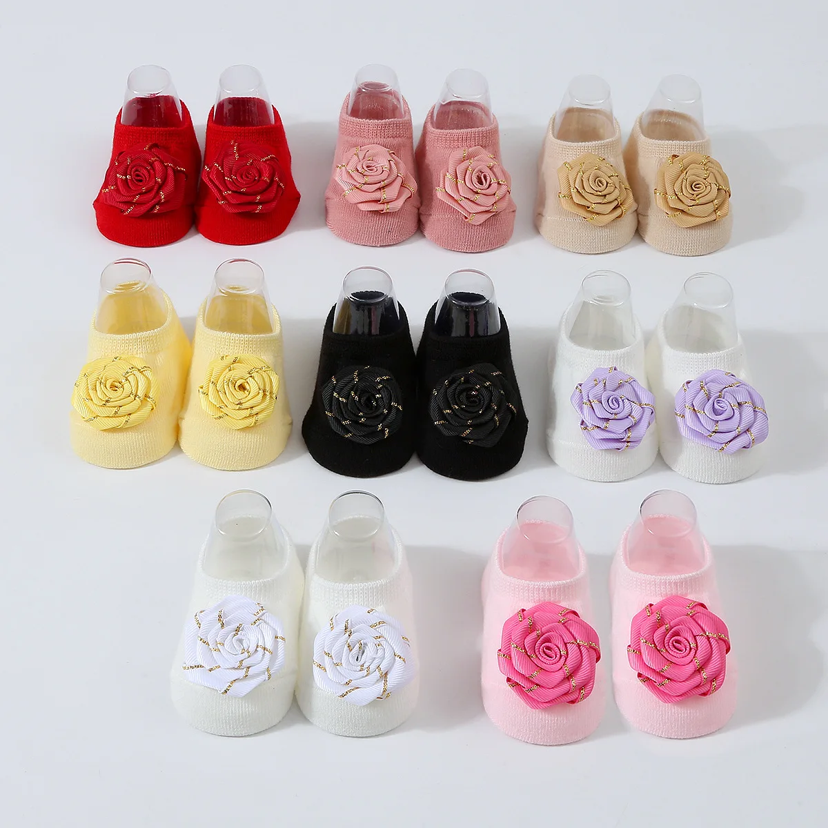 Newborn Handmade Ribbed Flowers Antiskid Socks New Baby Soft Solid Color Prewalker Sock Girl Infant Cute Knitted Hairband Socks