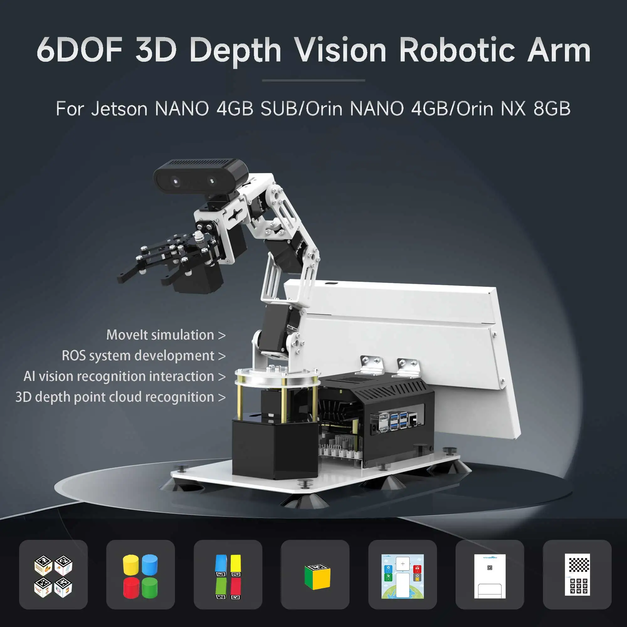 Robotic Arm for Jetson Orin ROS Open Source Programming AI Vision 6DOF Support 3D Depth Point Cloud Recognition Electronic Kit