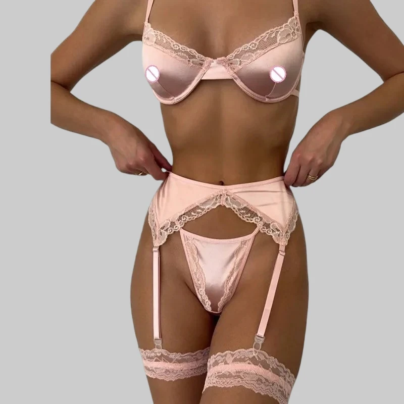 

Toucheart 4PCS Patchwork Sexy Interesting Underwear Thong Set Slim Backless Lace Up Hollow Out Floral Mesh Sexy Underwear Set