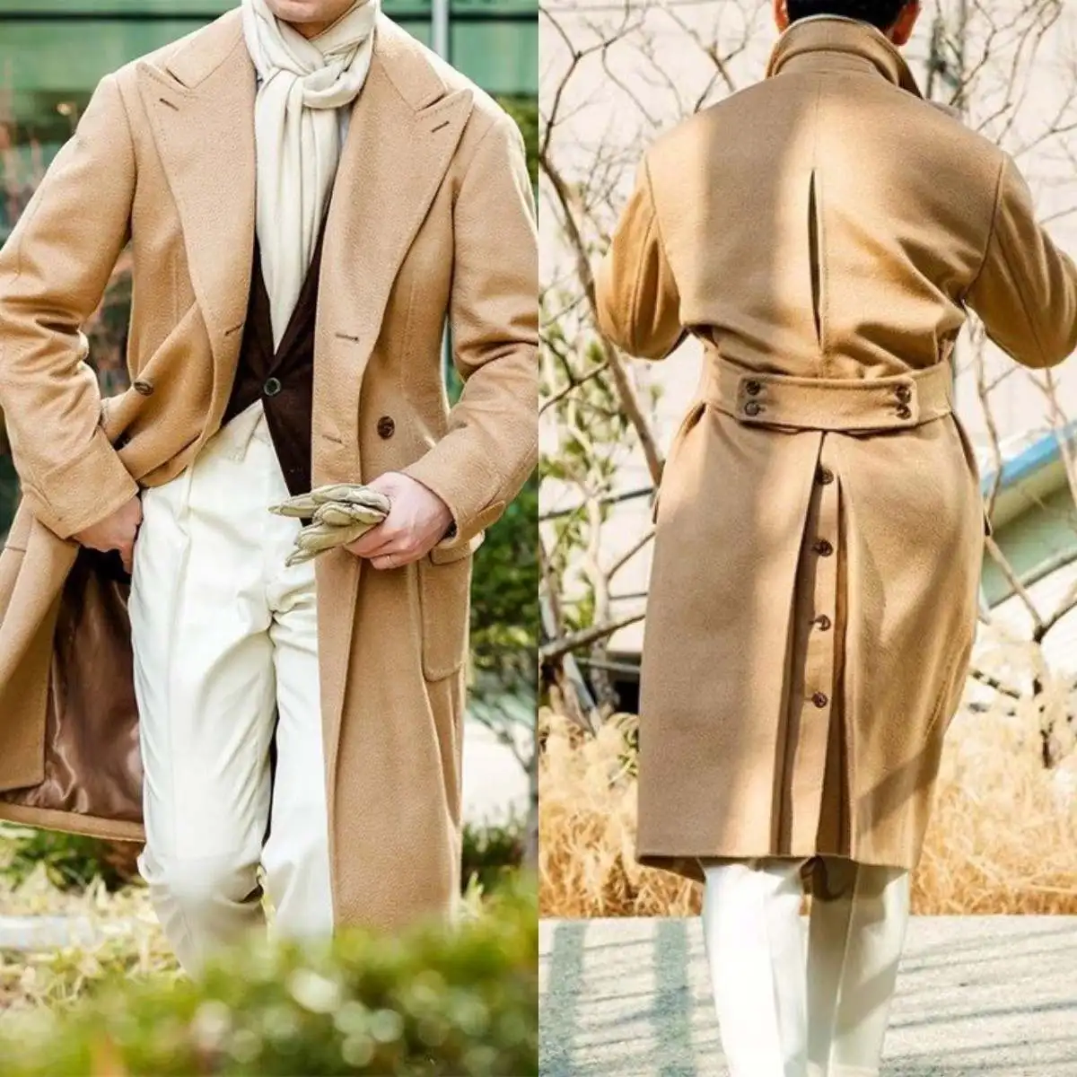 

Men Long Coat Overcoat Solid Color Double Breasted Peaked Lapel Warm Woolen Pockets Business Causal Daily Tailored