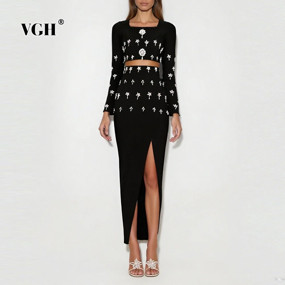 

VGH Split Design Two Piece Sets for Women O Neck Long Sleeve Patchwork Diamonds Top High Waist Long Skirt Luxury Outfits Female