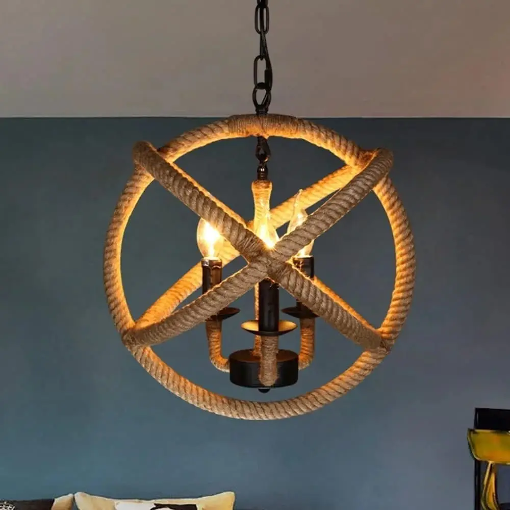 

Retro Ball Hemp Rope Pendant Lights Living Room Decor Metal Chandeliers Adjustable Chain Ceiling Lighting Style Vintage 35/40cm