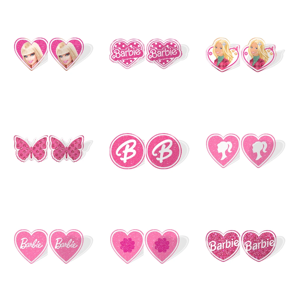 Barbie-pendientes de resina con purpurina para mujer y niña, aretes de tuerca, serie rosa, diseño bonito, accesorios de joyería, regalo de fiesta de cumpleaños