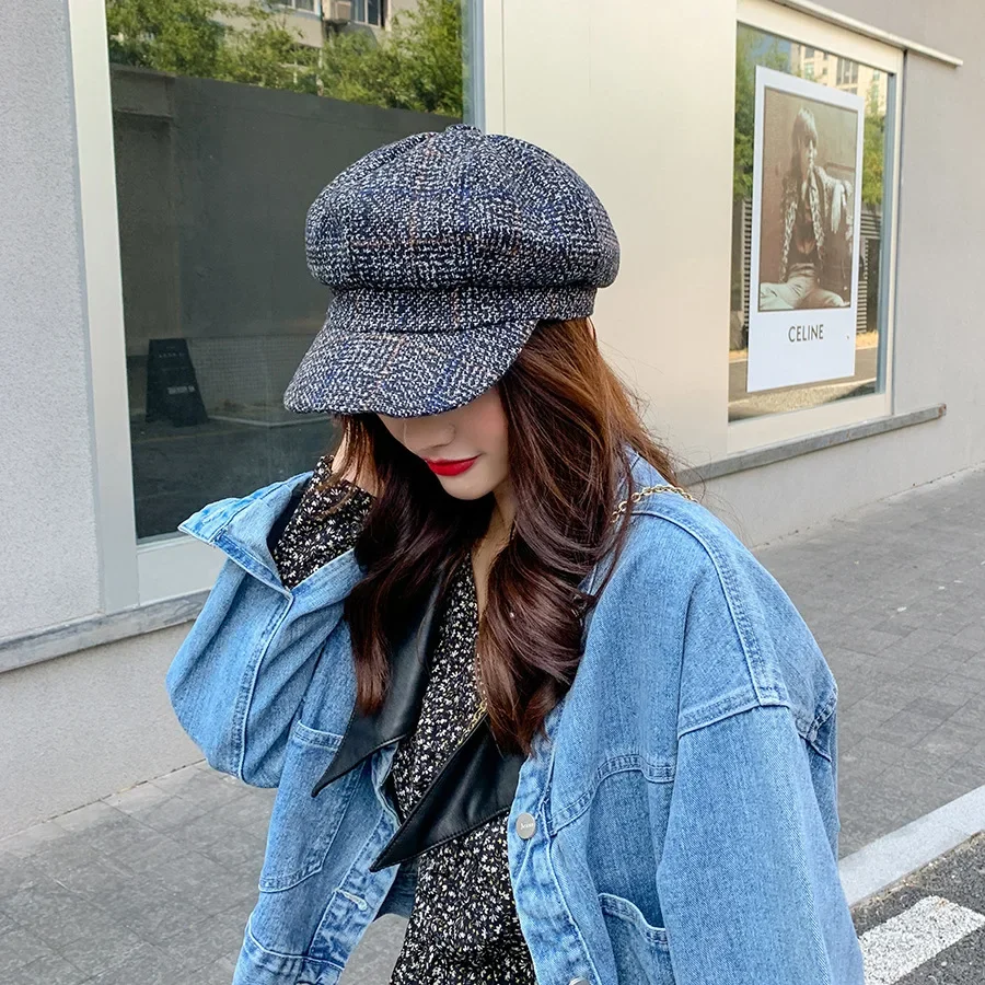 Women's Hat Beret Newsboy Autumn Winter Casual New Fashion Imitation Woolen Plaid Octagonal Vintage Caps