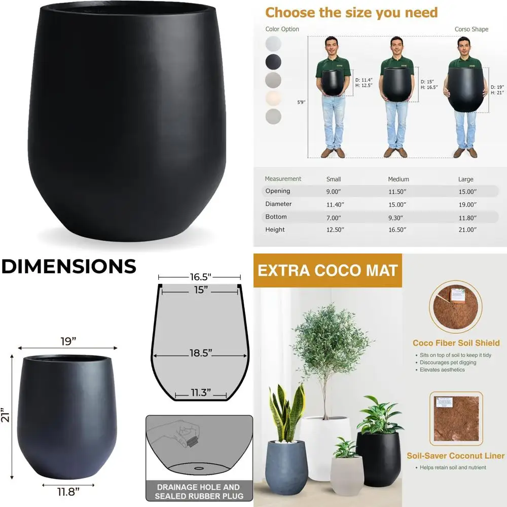 

Round Fiberstone Planter 21 High x 19 Diameter, Drainage Hole, Smooth Finish, Weatherproof for Indoor & Outdoor, Large Capacity