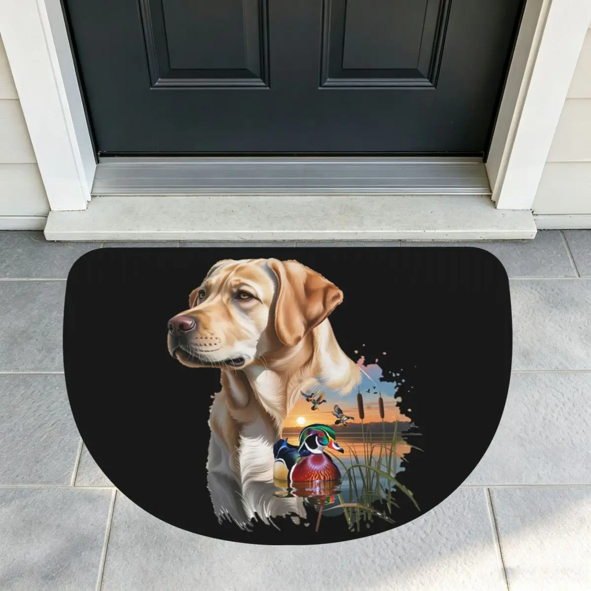 Yellow Labrador And Wood Duck Sunrise Soft Flannel Half Round Doormat Non Slip Bathroom Mat Absorbent Floor Carpet for Bathroom
