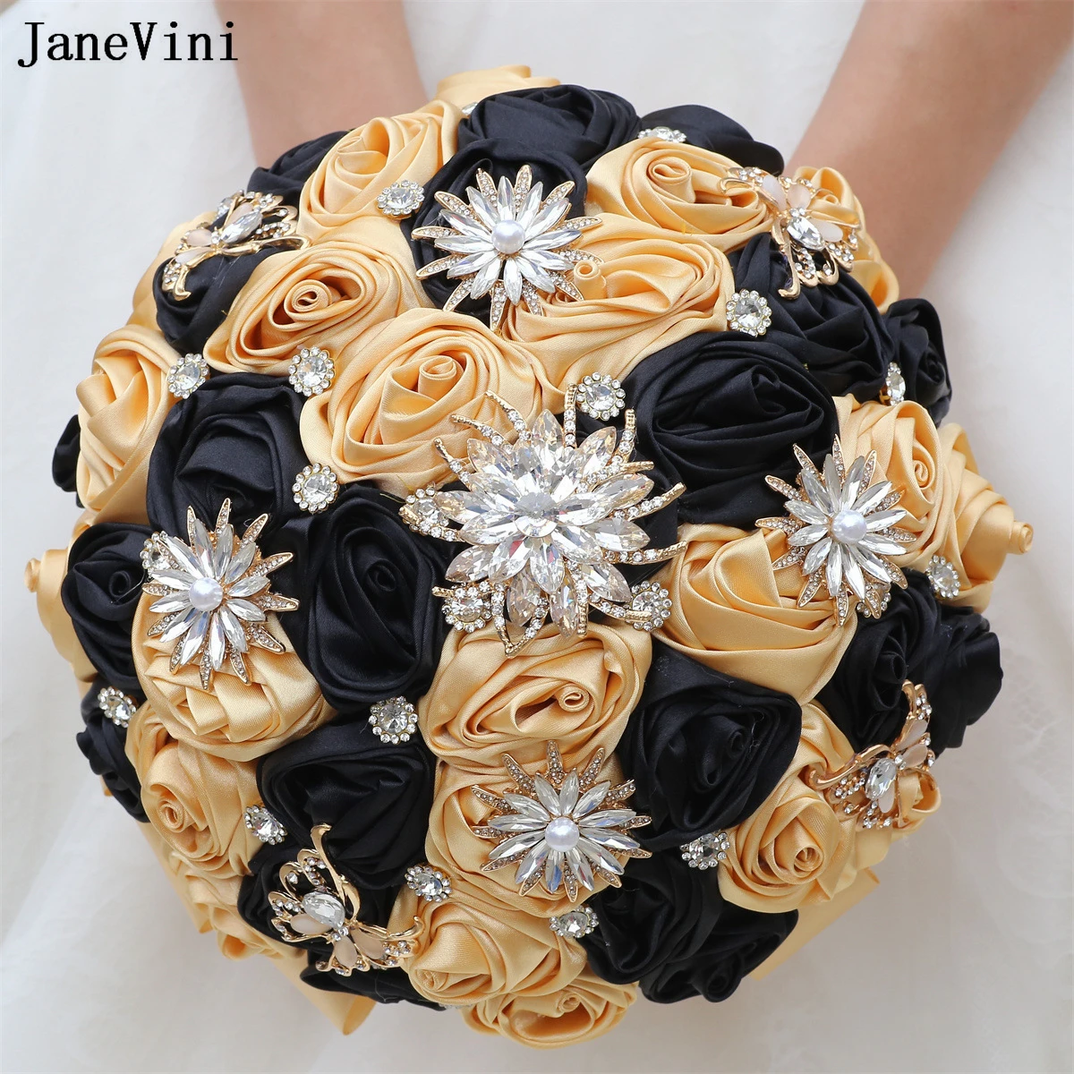 

JaneVini Elegant Light Khaki Black Bridal Bouquets Bling Crystals Artificial Satin Roses Fake Flower Bouquet Wedding Accessories