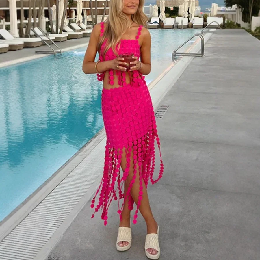 

Fashion Trendy Solid Color Skirt Two Piece Set Women Tassel Spaghetti Strap Cropped Top Slim Skirts Sets Vacation Style Suits
