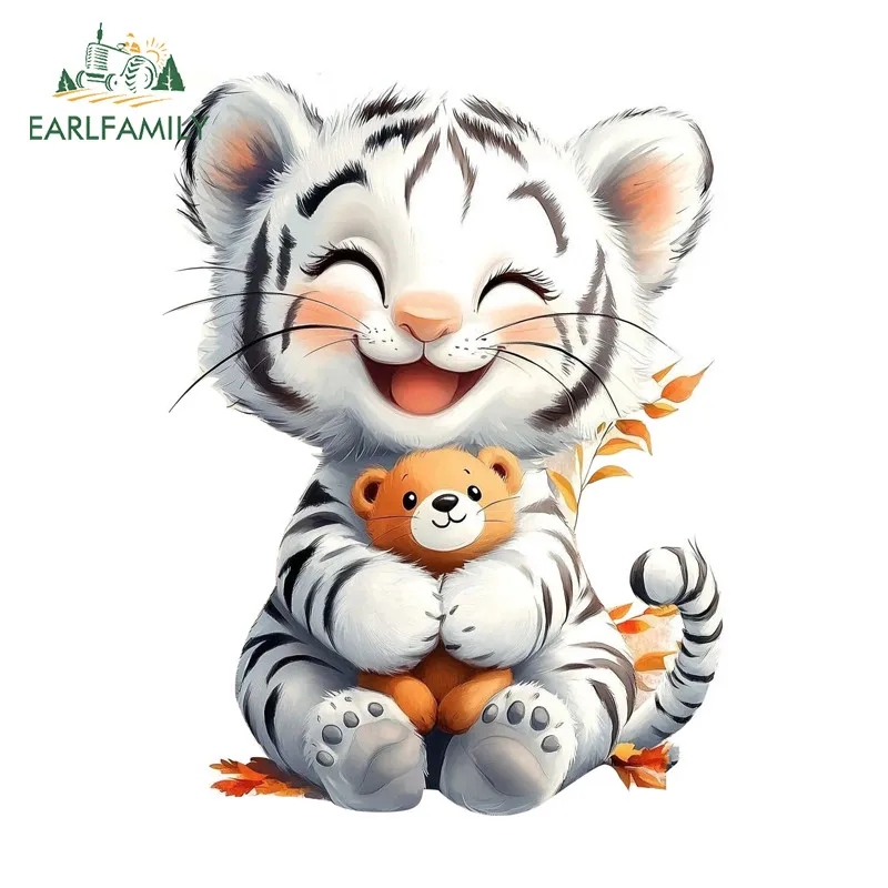 EARLFAMILY Cute Tiger Car Stickers Waterproof Campervan Surfboard Rear Vinyl Decal Occlusion Scratch Personality Car Goods