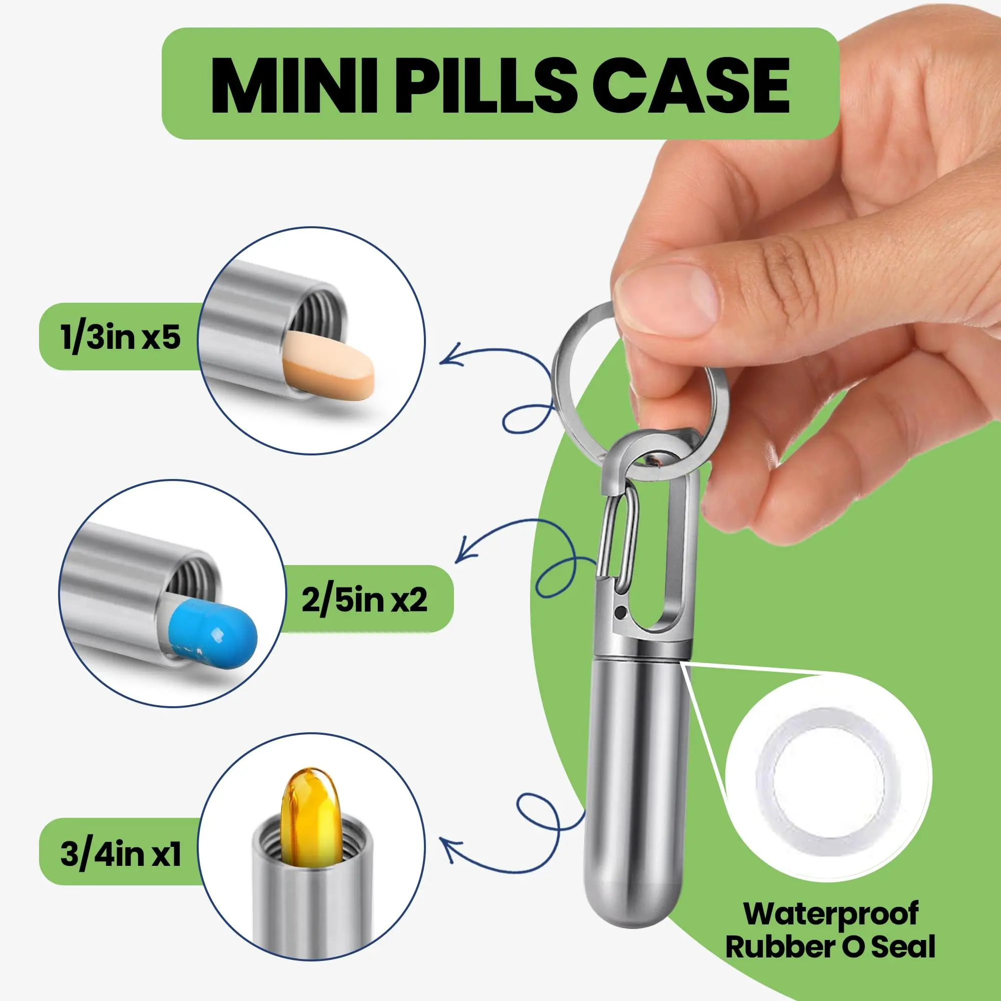 Keychain Pill Holder Small Pill Container with Carabiner Stainless Steel Metal Pill Case Portable for Purse Keyring Watertight ﻿