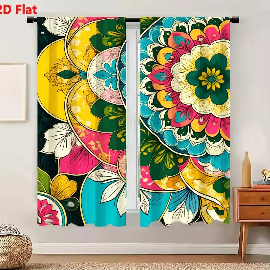 2Pcs Curtains 2D Flat Vibrant Mandala - Like Pattern with Overlapping Floral Geometric Motifs Vivid Colors on Dark Background Ar