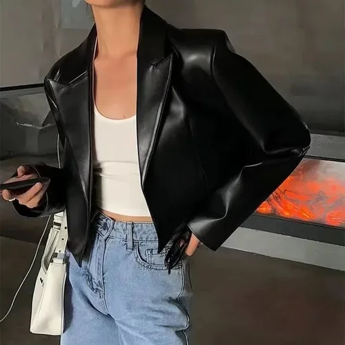 FANAN, chaqueta de cuero para mujer, abrigos de motociclista de PU negros con solapa corta de calle americana Vintage para mujer, Tops cortos de moda de otoño 2025