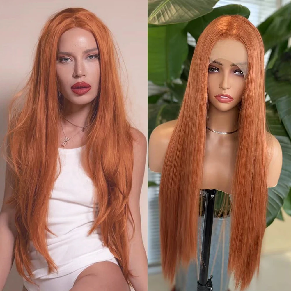 

FANXITION Orange Synthetic Lace Front Wigs with Side Part Long Silky Straight Lace Frontal for Women Daily Wear Cosplay Hair Wig