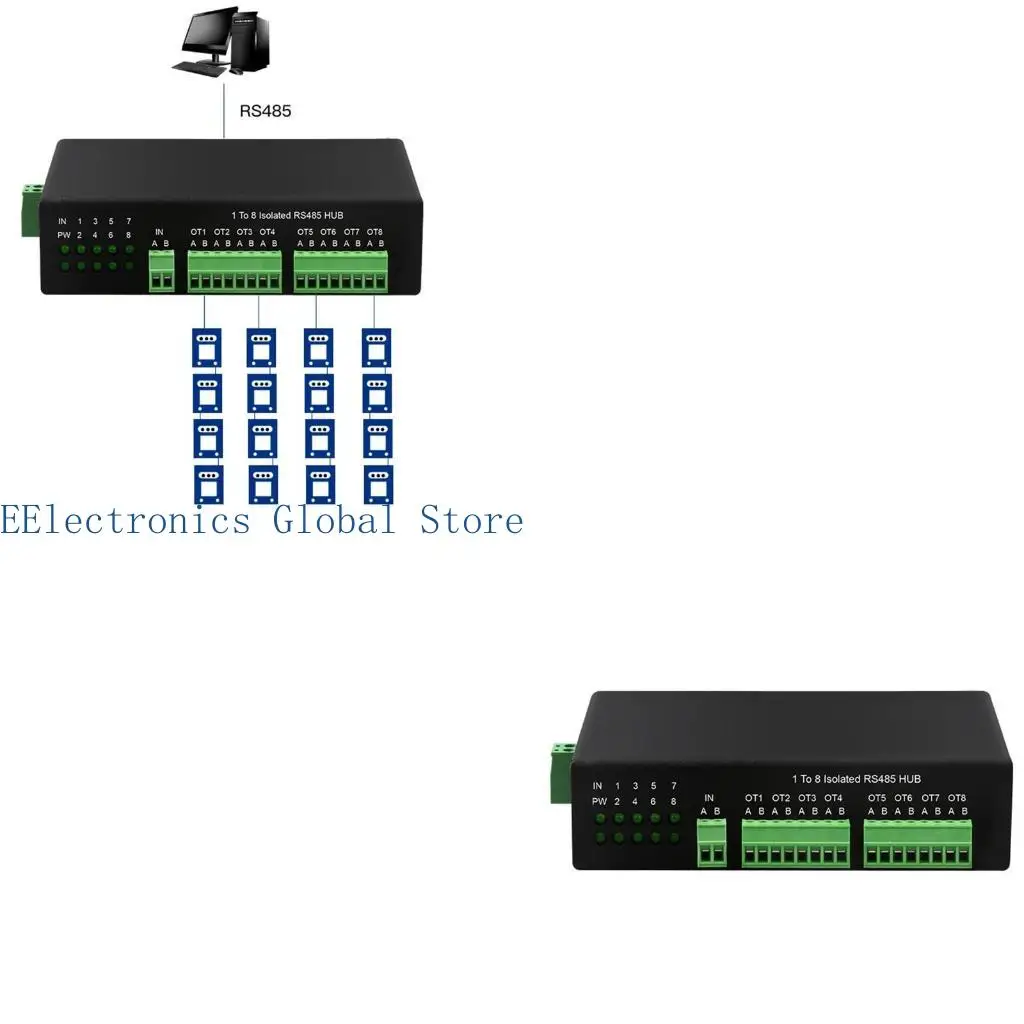 462B RS485 Hub 8-Channel RS485 Splitter 8-Port 485 Sharer Splitter 1 In 8 Out Industrial-Grade Isolated Support 152.2Kbps