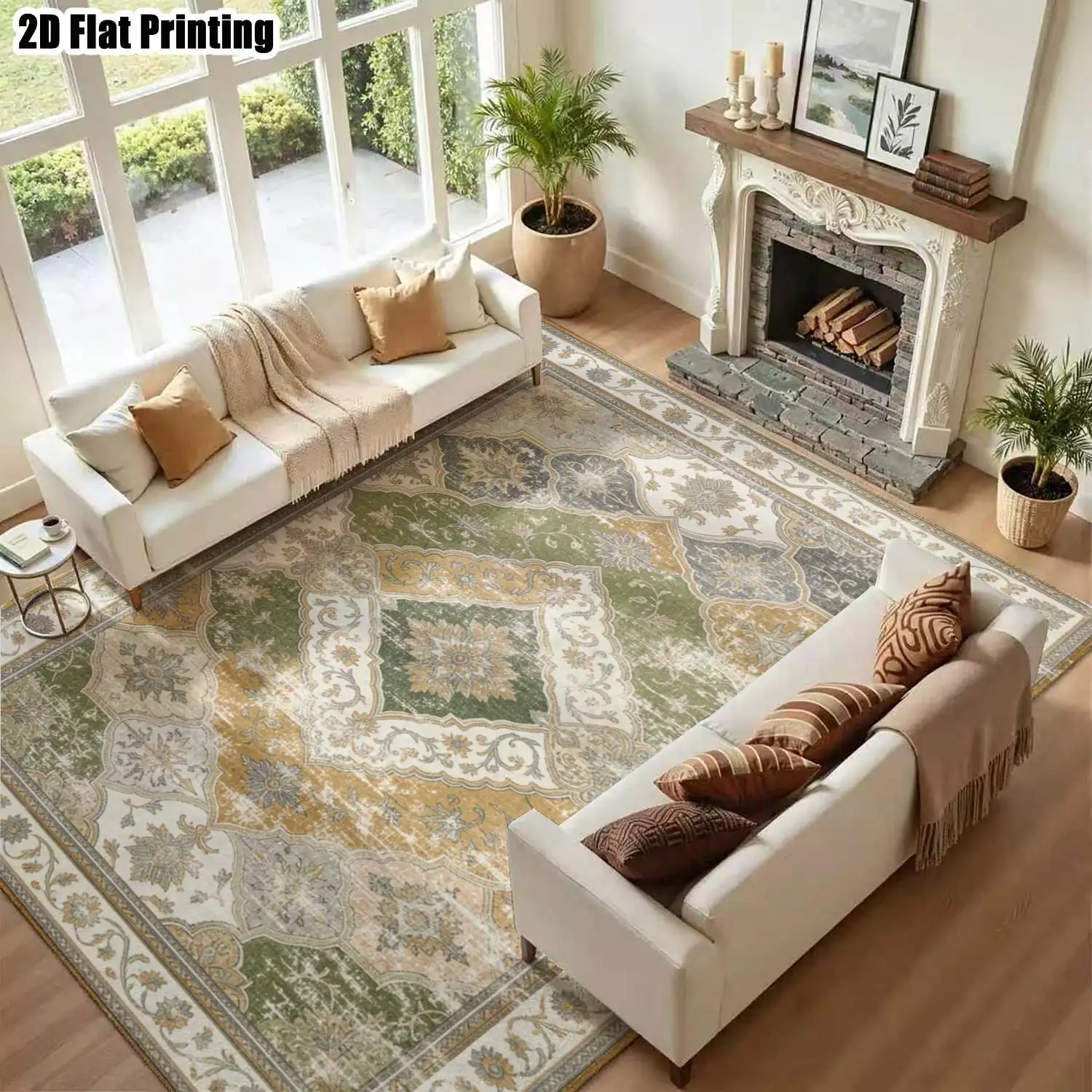 1Pc 2D Printed Navy Blue Retro Scrolling Floral Carpet, Perfect Home Decor, Multi-Size, Machine Washable, Multi-Scene Use