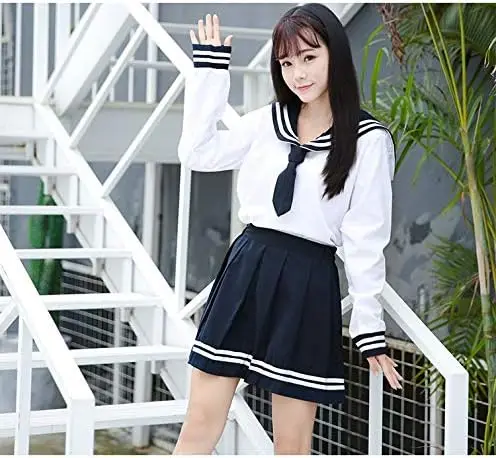 Elibelle Japanese School Girls Uniform Sailor Navy Blue Pleated Skirt Anime Cosplay Costumes with Socks set