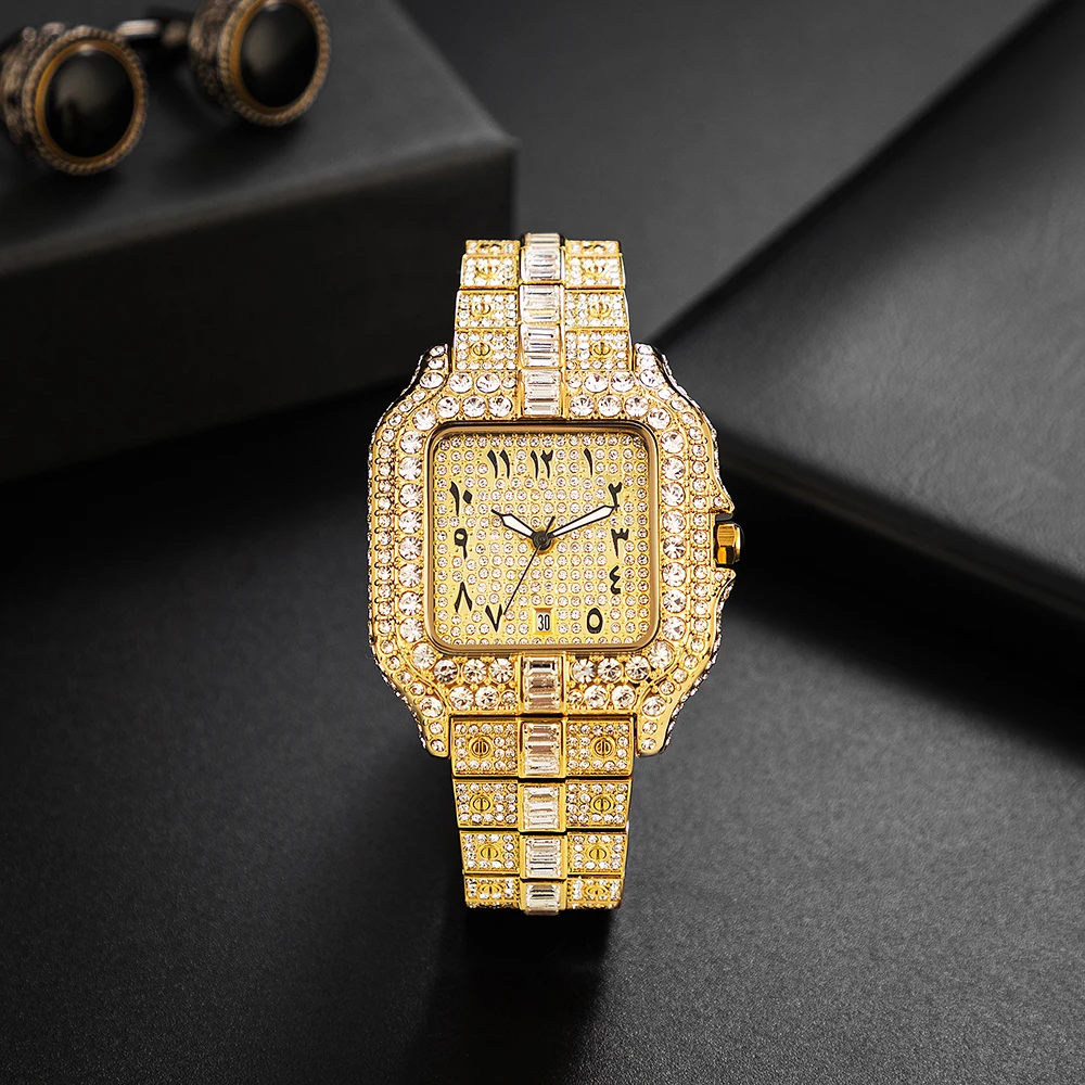 Arab Number Spure Watches For Men Luxury Diamond Silver Quartz Wristwatch Fashion Bling Shiny Party Jewelry Clock Dropshipping