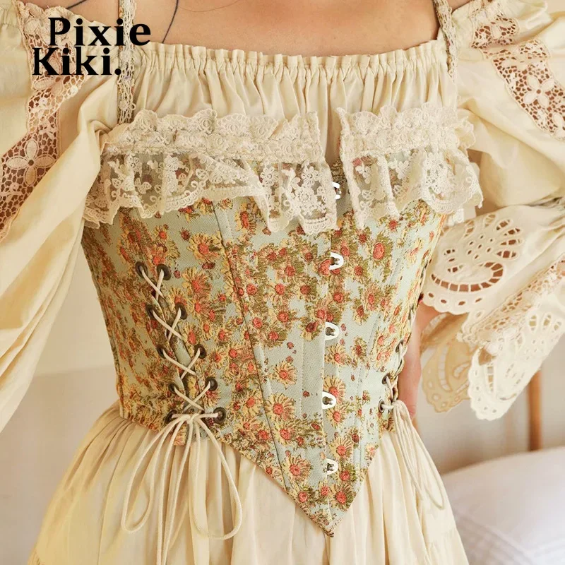 PixieKiki Cottagecore Floral Corsets Tops Women Vintage Clothes Strappy Lace Trim Cropped Cami Fitted Crop Tank Top P85-DB13