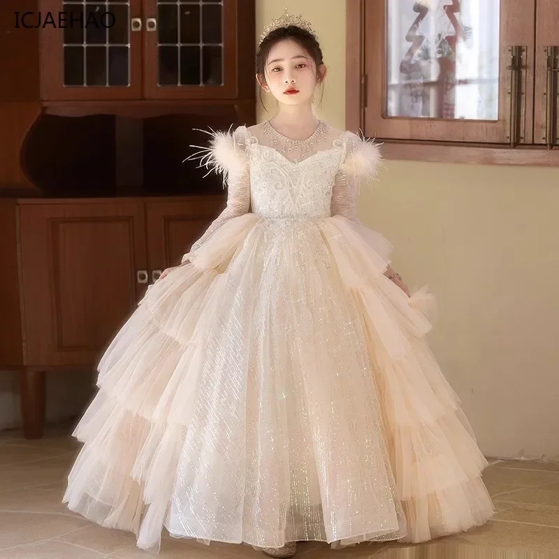

Wedding Flower Girl Dresses Children Luxurious Formal Dress Bead Sequined Ballgown Children Evening Clothes Performance Birthday
