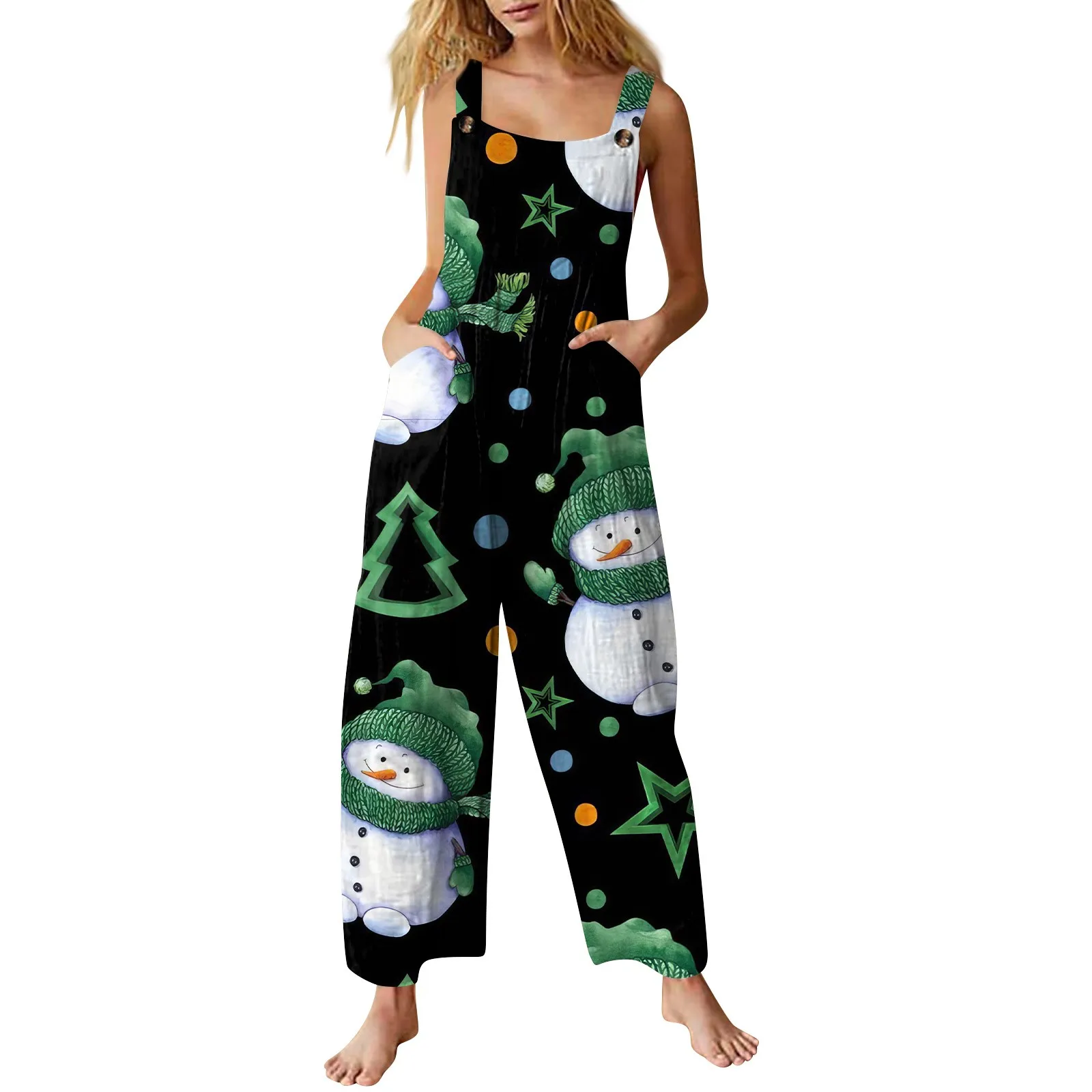 Women Christmas Tree Printing Jumpsuit Loose And Comfortable Jumpsuit Women's Pants Strap Pants Fashion Sleeveless Jumpsuit