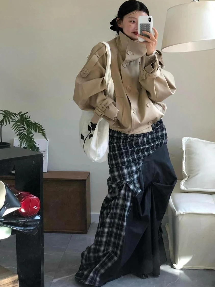 Khaki Stand Collar Short Women's Jacket Double Row Buttons Fashionable New Style Autumn High Sensation Loose Top Versatile