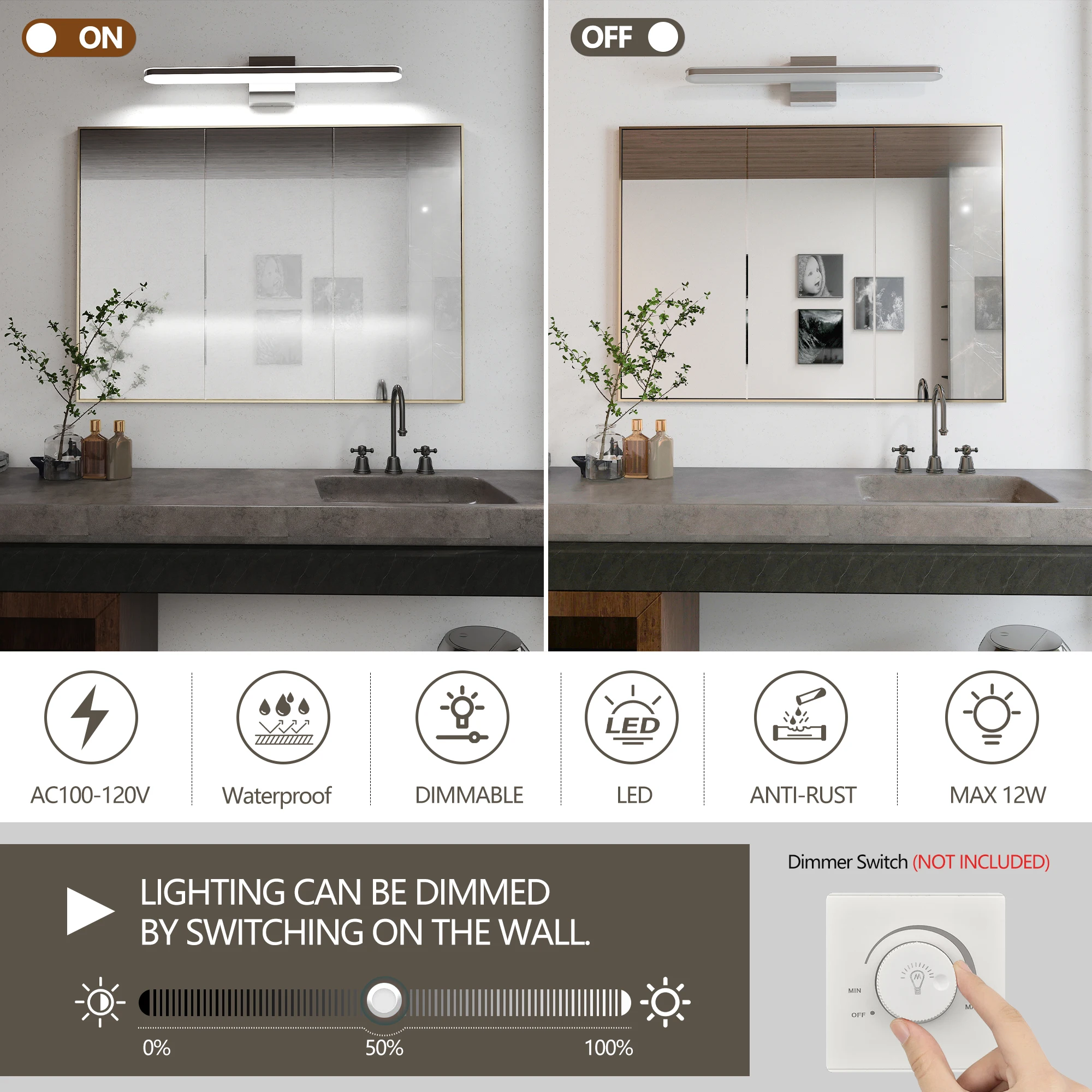 L002015-L600-W1C Modern Style Mirror Front Light, Energy-Saving, Waterproof, Rust-Proof, Electrical Safety Certified, Suitable for Bathroom Vanity, Led Light Source, Dimmable, Simple Design