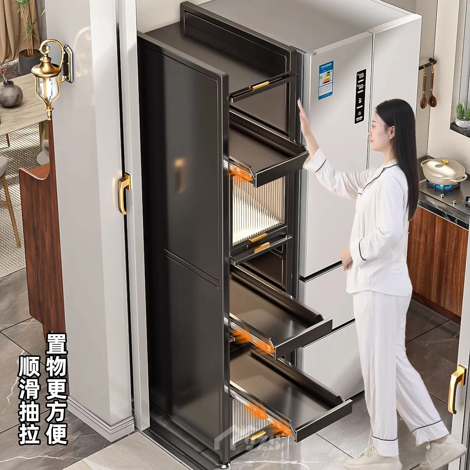 Kitchen with door, pull-out model, shelf, crevice cabinet, refrigerator side floor-to-ceiling microwave oven, multi-functional