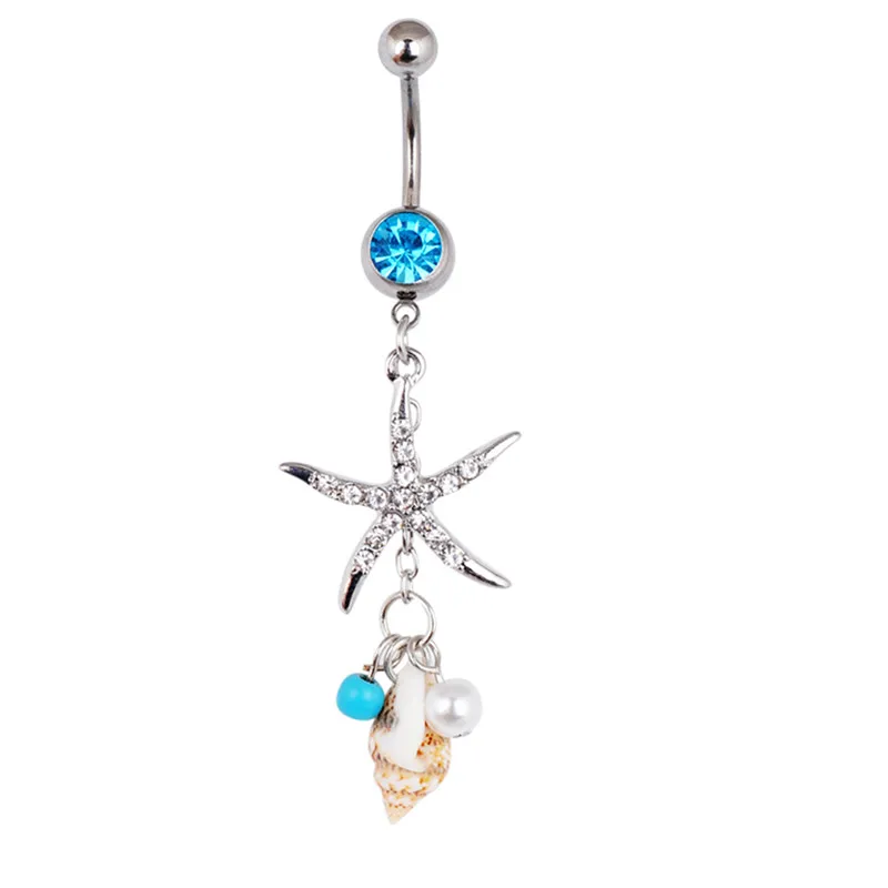 Fashion Surgical Steel Crystal Starfish Conch Body Navel Belly Ring Button Piercing Bar
