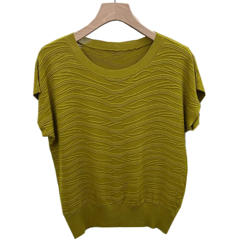 เสื้อยืดไหมน้ำแข็งถักแบบหลวม สไตล์เรโทร ปกปิดหน้าท้อง สำหรับผู้หญิง ใส่สบายๆ ลำลอง คอกลม รุ่นใหม่สำหรับฤดูร้อน