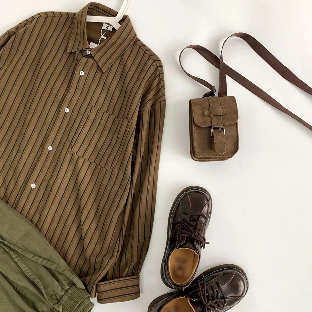 Daily Casual Wear Holiday Striped Long Sleeve Shirt Pocket Button Shirt Brown Color Casual Style Regular Length