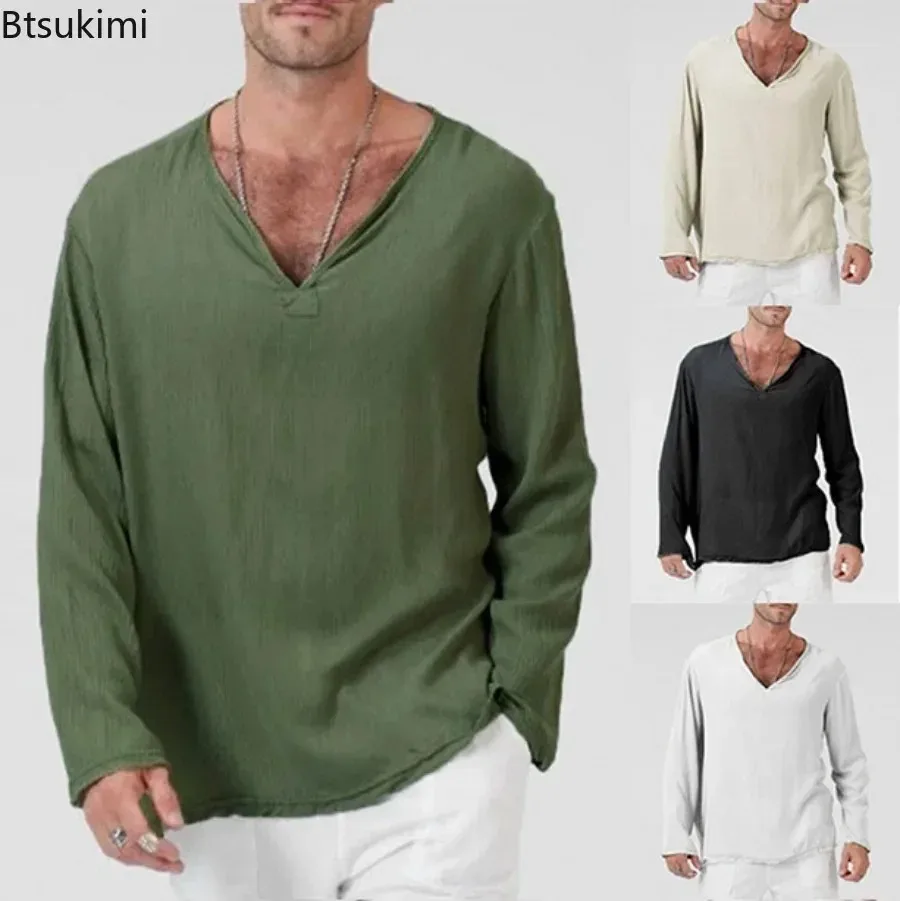 

2025 New Men's Ethnic Style Cotton Linen T-shirts Fashion Retro Long Sleeve V-neck Shirts Male Solid Breathable Simple Tops Tees