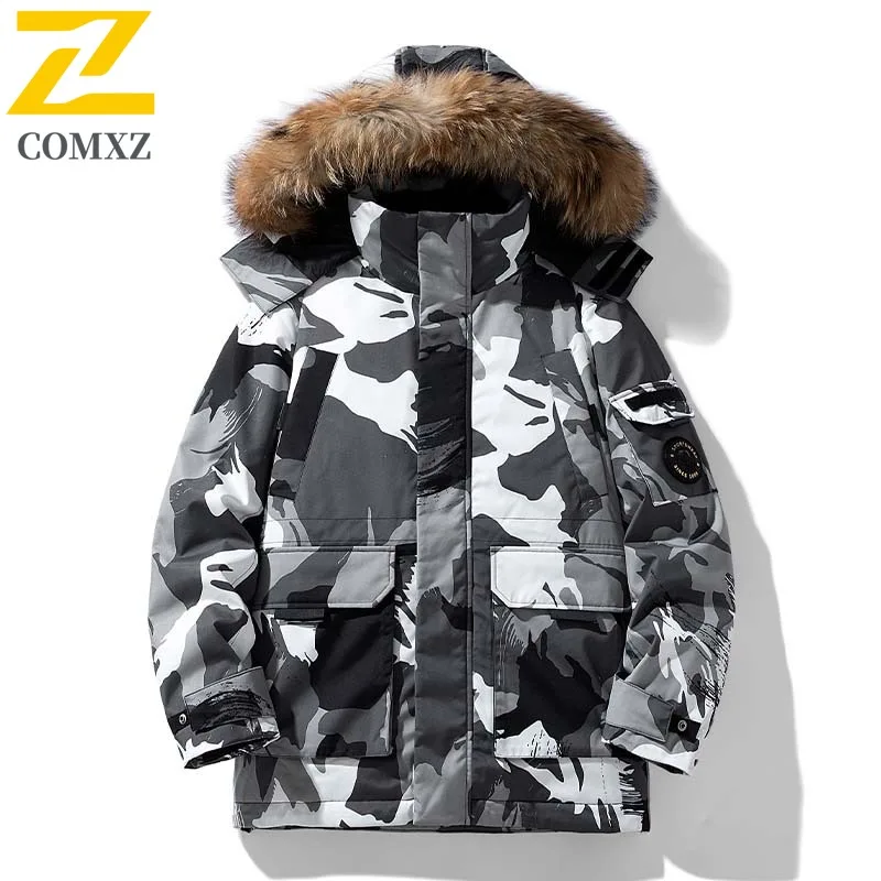 COMXZ Winter Down Jacket Men Women High-quality Camo Fluffy Fur Collar White Duck Down Parka Coat Casual Thermal Puffer Jacket