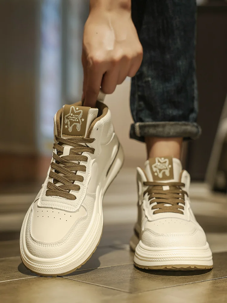 

High-Top Men's Winter Casual Leather Basketball Shoes Anti-Slip Sports Sneakers Korean Style round Toe Low Heel Rubber Sole