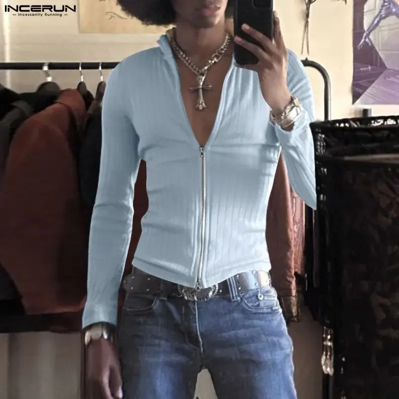 

INCERUN Men Shirt Solid Color Knitted Long Sleeve Stand Collar Zipper Male Tops Streetwear Spring Fashion Casual Men Clothing