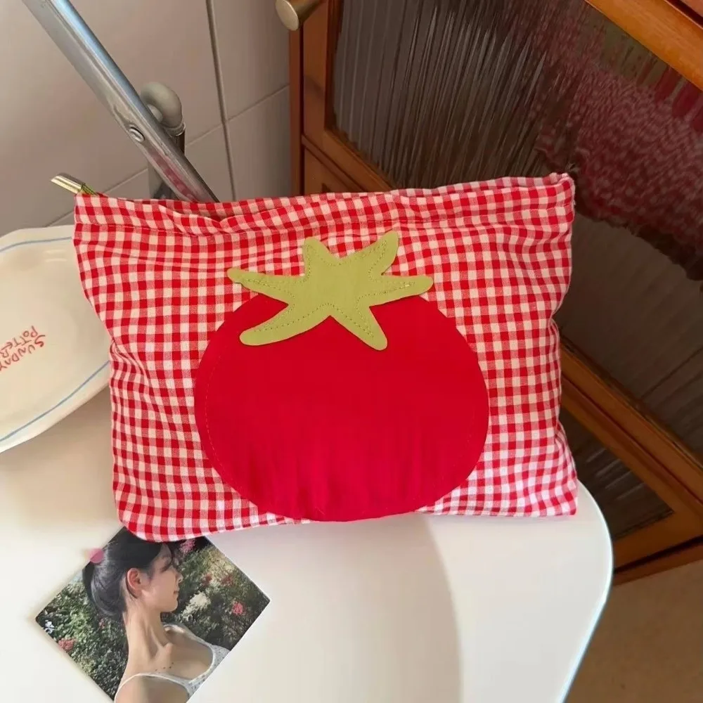 

Simple Red Plaid Tomato Makeup Bag Travel Large Capacity Toiletry Pouch Lightweight Cosmetic Case Lipstick Earphones Bag