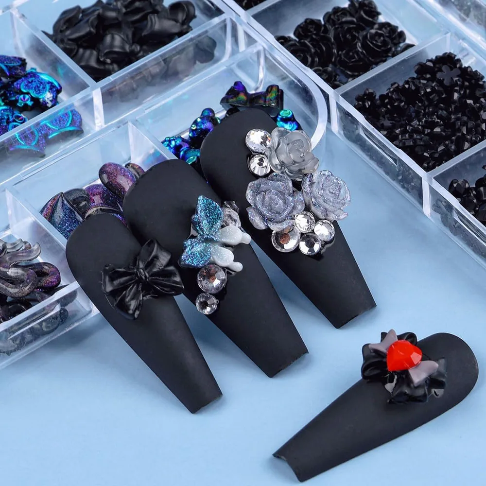 12 Styles Mixed Nail Charms Dark Moon Butterfly 3D Resin Nail Decoration Butterfly Bear Rose Flower Bow Snake Jewelry DIY Parts