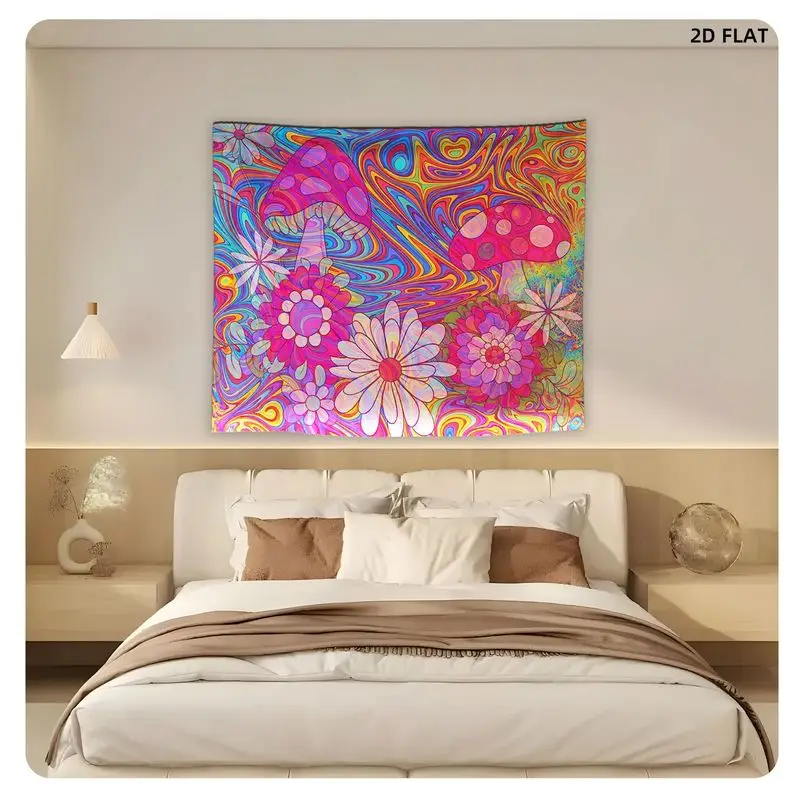 VIKAMA Psychedelic Mushroom Floral Tapestry, Rainbow Swirl Fluid Hippie Wall Hanging, Bedroom and Dorm Party Backdrop