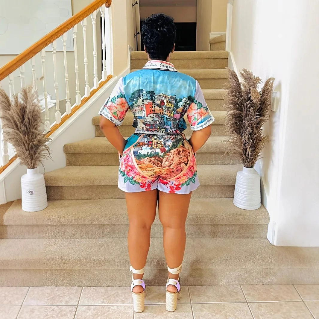 กางเกงขาสั้นกางเกงชุดผู้หญิง 2 ชิ้นชุดเปิดลงปกแขนสั้นพิมพ์เสื้อเอวสูงกางเกงทํางาน Y2k Streetwear