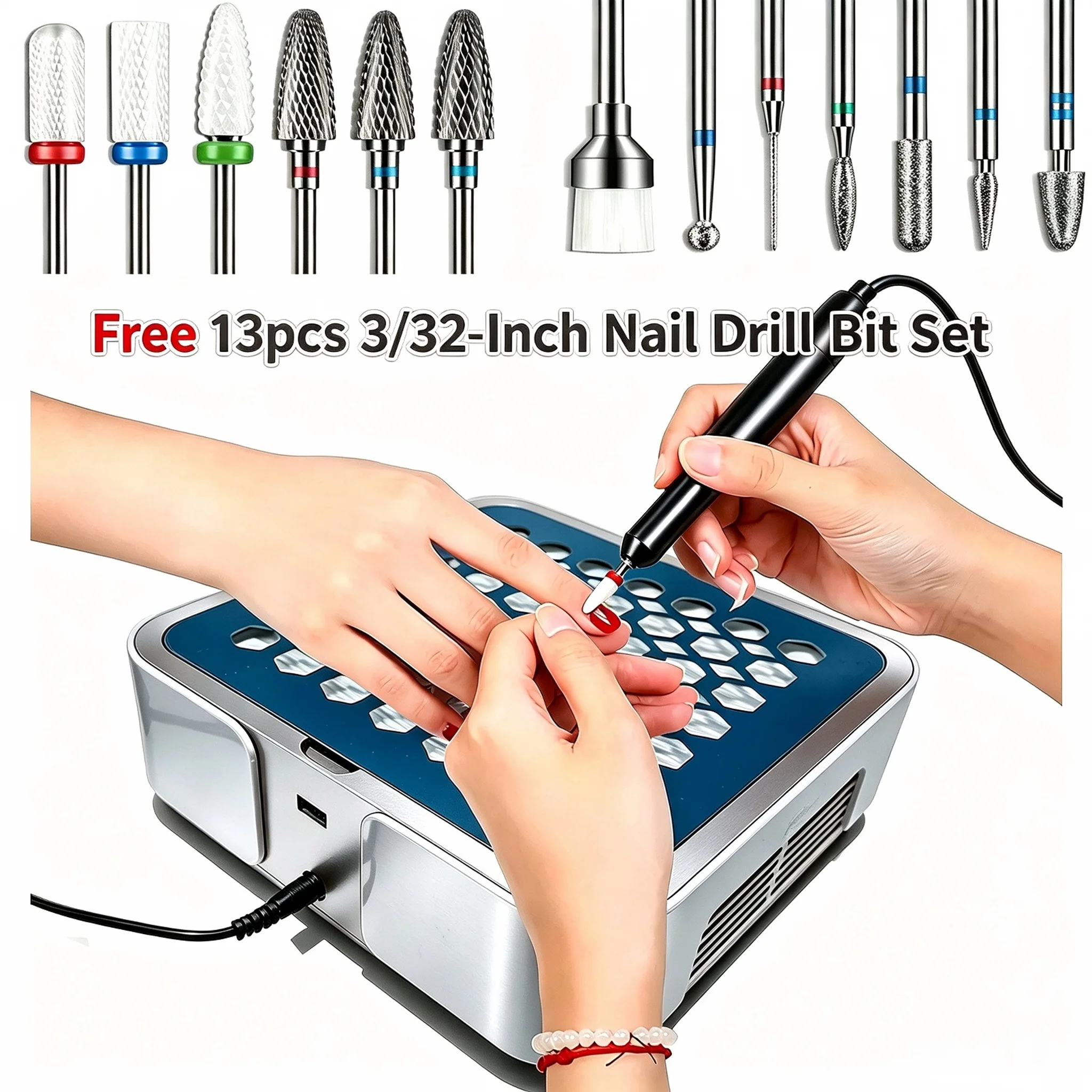 24V Strong Nail Vacuum Dust Collector With 13pcs Nail Drill Bits  Plug in Model 45KRPM Nail Fan For Nail Salonh