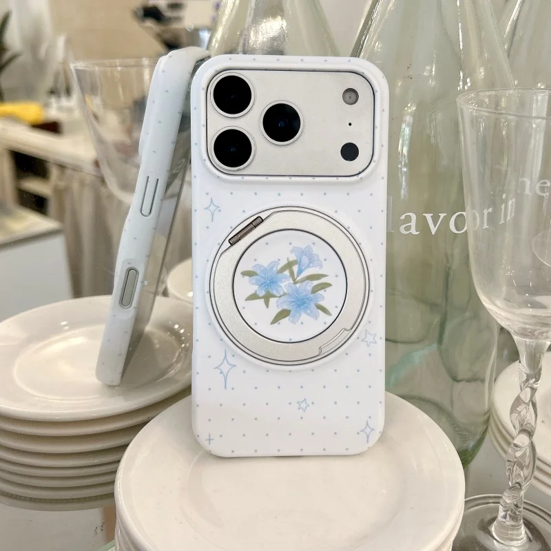Fashion Blue Polka Dots Lily Flower Painting Phone Case For iPhone 17 Pro 16 15 Pro Max Back Cover with Stand Hard Cases Girls F