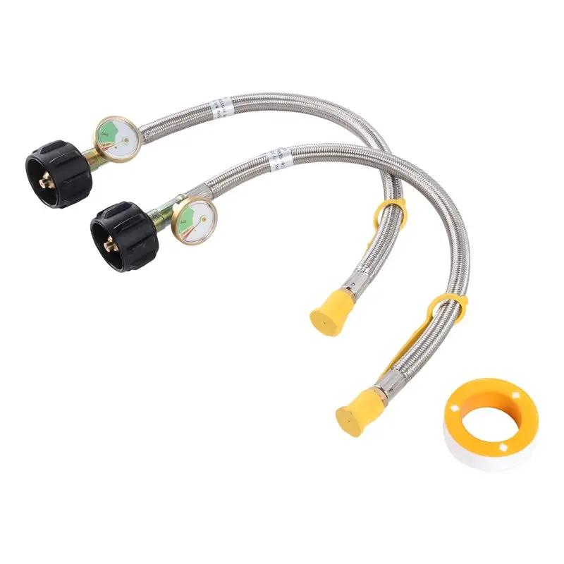 1/4 NPT QCC Fittings 15-Inch Stainless Steel Propane Tank Hose With Gauge, For RV 2-Stage Regulator, 2 Pack