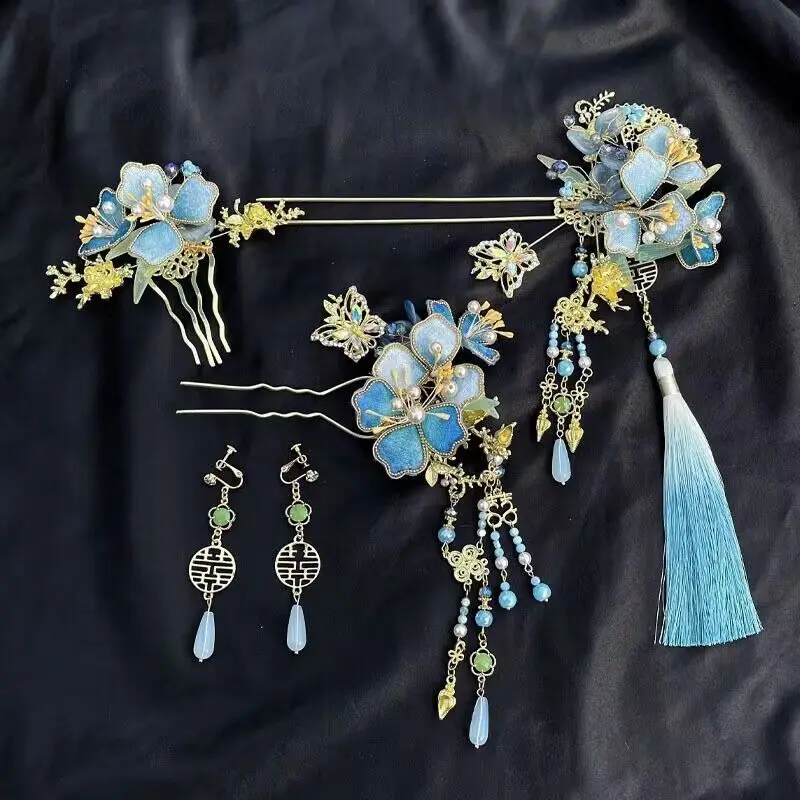 New Chinese Bride Flower Hair Accessories Dragon and Phoenix Jacket Morning GownDress Tassel Hair Hairpin Antique Headdress