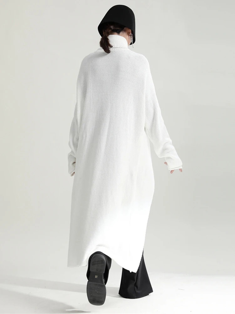 [EAM] Women White Irregular Slit Long Knitting Big Size Dress New Turtleneck Long Sleeve Fashion Tide Spring Autumn 2024 1DH0317