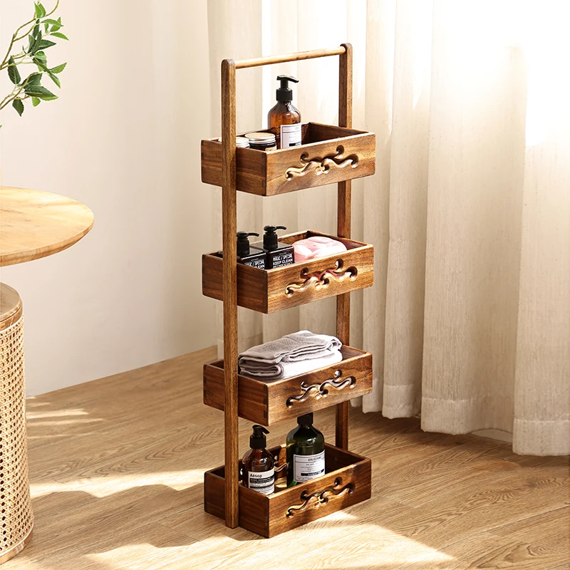 Vintage Solid Wood Shelf Multi-Layer Bathroom Storage Stand Slim Floor Organizer Rack Wooden Narrow Space Display Unit
