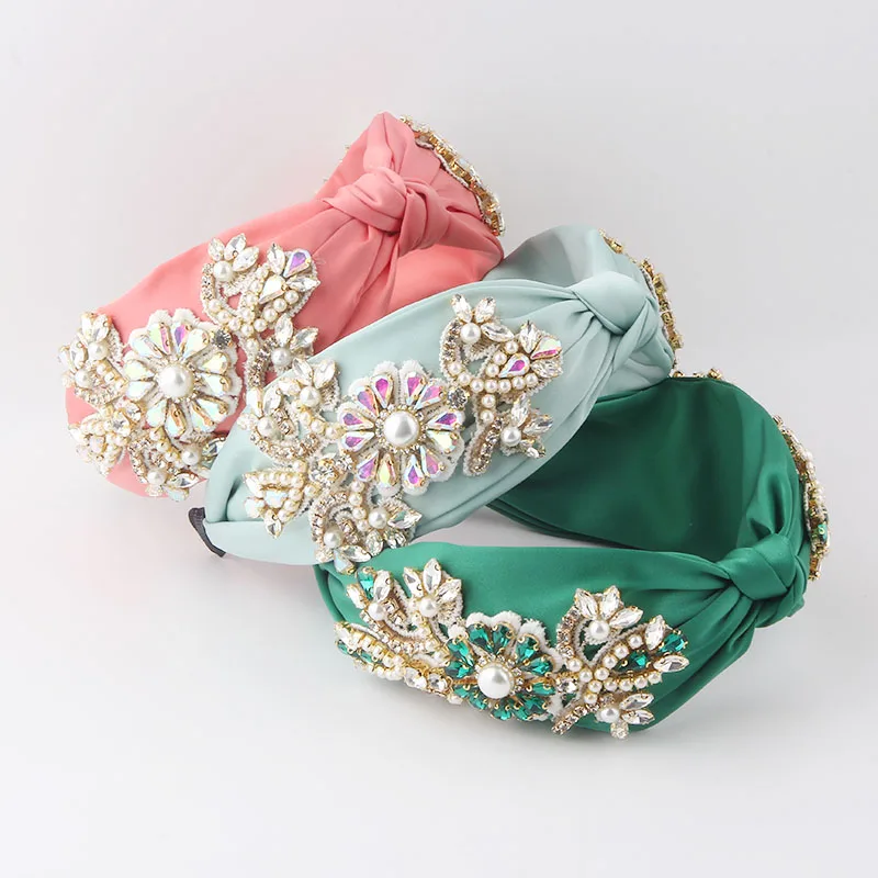 

White Blue Full Pearl Crystals Rhinestone Hairband Fabric Wide-Brimmed Headband Luxury Baroque Wide Headband For Women 847