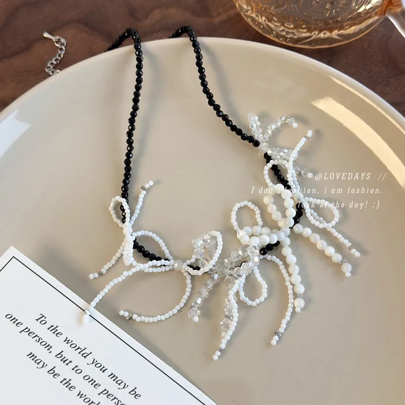 Black White Beaded Crystal Bow Choker Necklace Sweet Edgy Princess Style Lightweight Versatile Daily Jewelry for Women