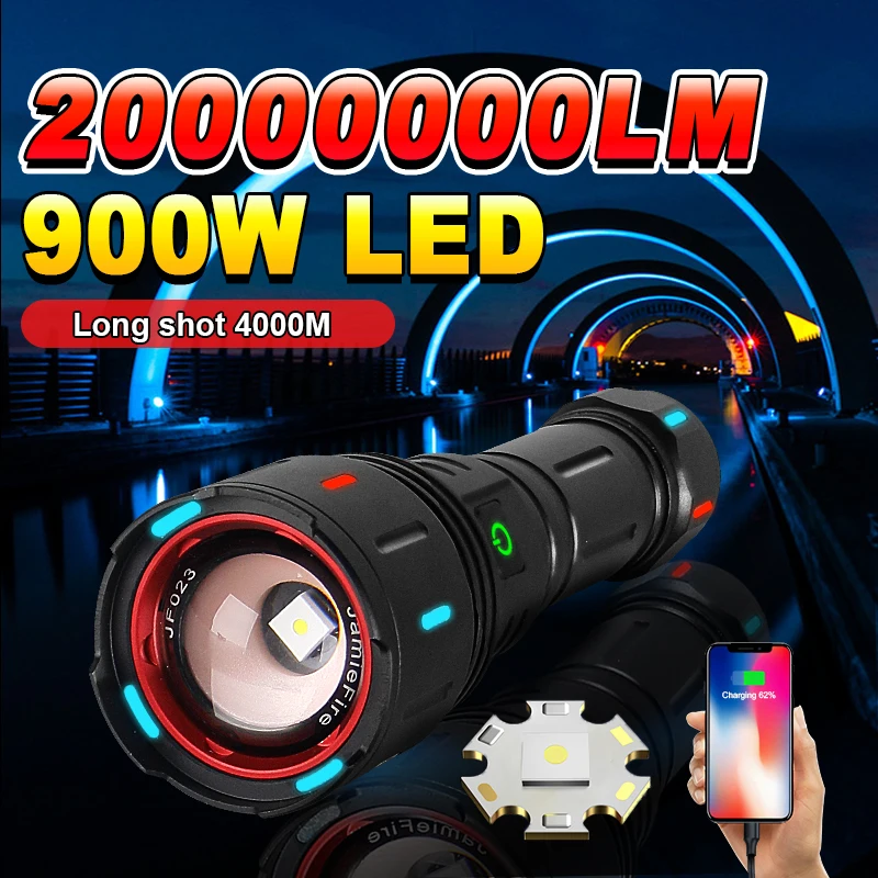 

Сверхмощный светодиодный фонарь 20000000LM, перезаряжаемый через USB, 900 Вт, сверхъяркий, с зумом, дальность 4000 м